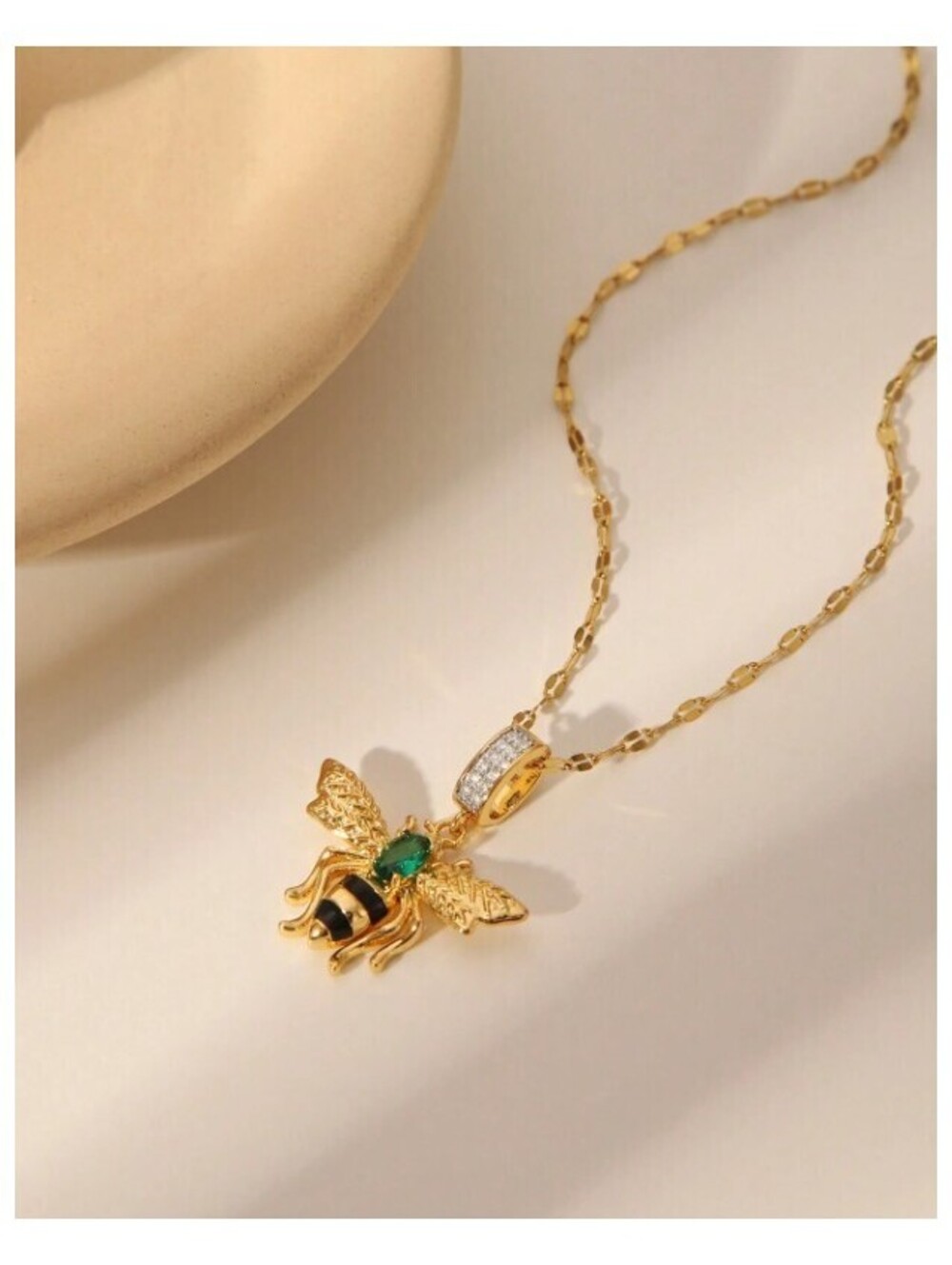 Black and green bee - Necklace - Gold - CZs - 18"